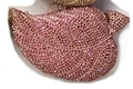 Close-up of pink leaf-shaped evening clutch featuring dense crystal rhinestone texture - Pink