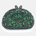 Luxury green crystal clutch bag featuring peacock feather pattern and emerald rhinestones - Green