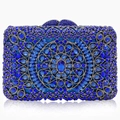 Navy blue crystal evening clutch bag with ornate hollow metal patterns and rhinestones - Royal Blue