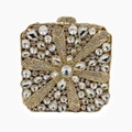 Luxurious gold square clutch bag with flower pattern rhinestones and crystal accents - Gold / White Zirconia