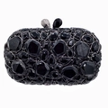 Pochette de soirée noire luxe avec cristaux facettés et monture en métal gris foncé - Noir