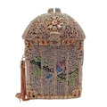 Detail of gilded birdcage evening clutch with colorful crystal flowers and gold tassels - Light Gold Multicolor