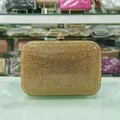 Detailed front view of luxury golden rhinestone evening clutch bag with metal clasp - 6# Style Gold (Rectangular Flat Bottom Full Diamond)
