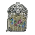 Detailed macro view of luxury birdcage clutch featuring crystals and metal tassels - Silver Yellow Multi-color