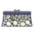 Detail of blue rhinestone clutch with large clear crystals and circular clasp closure - Silver & Blue