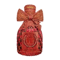 Detailed close-up of crystal-embellished red champagne bottle evening bag with gold bow - Red
