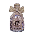 Macro detail of luxury crystal champagne bottle evening bag with bow and VIP lettering - Violet