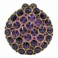 Elegant circular evening clutch encrusted with purple crystals and gold metal hardware - Purple