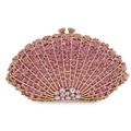 Pink fan-shaped evening clutch bag with sparkling rhinestones and gold metal frame - Pink