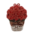 Primer plano de bolso estilo canasta de flores con pedrería roja y asa con forma de corazón - Rosa Roja con Base Roja