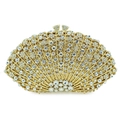 Luxurious fan-shaped gold metal evening clutch bag fully encrusted with white rhinestones - Gold / White Zirconia