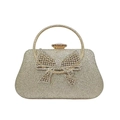 Elegante pochette dorata con glitter, fiocco di cristallo e manico tondo in metallo - Oro Chiaro