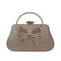 Elegante pochette da sera glitter oro con fiocco di strass scintillante e manico tondo - Champagne