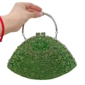 Detailed view of green crystal evening clutch with floral pattern and silver metal handle - Fruit Green
