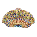 Luxurious fan-shaped gold evening clutch with colorful multi-color crystal rhinestones - Royal Blue Gold Multi
