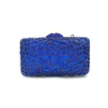 Close-up of royal blue music note evening clutch with rhinestones and metal frame - Music / Blue