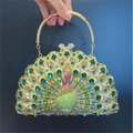 Luxury peacock evening clutch bag with colorful crystals and gold metal handle - Gold-Green Multi-color