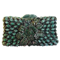 Close-up of green crystal rose floral patterns and metallic clasp on evening clutch bag - Green