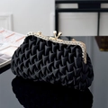 Detail of black pleated satin evening clutch with sparkling rhinestones and gold clasp - Black Large (with Metal Chain)