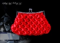 Macro shot of red pleated satin clutch with rhinestone-studded silver metal frame - Red (with Metal Chain)