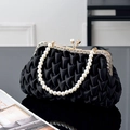 Elegant black satin pleated evening clutch bag with pearl handle and rhinestone trim - Black Large (with Pearl Handle)