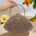Elegant gold fan-shaped clutch bag with sparkling floral rhinestones and metal ring handle - Gold AB