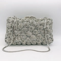 Detailed view of silver evening clutch bag with petal-shaped crystal pattern and chain - Silver Full Rhinestone Leaf Texture with Chain (50)