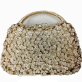 Luxurious gold oval evening clutch bag with white rhinestone flower patterns and top handle - Gold / White Zirconia