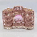 Pink camera shaped evening clutch bag encrusted with sparkling rhinestones and gold trim - Pink