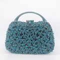 Luxury oval evening clutch with sky blue rhinestone flower pattern and heart clasp - Ink Blue