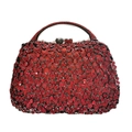 Close-up of red floral rhinestone evening bag with heart clasp and hard handle - Red