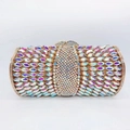 Detailed macro of oval clutch bag featuring marquise rainbow rhinestones and gold frame - Golden AB Marquise Rhinestone Style (36)