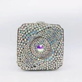 Detailed view of silver square clutch bag with iridescent rhinestones and large central crystal - Silver Colored Diamond Center Large Round Diamond Style (24)