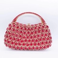 Detail of red rhinestone clutch bag with peacock feather pattern and gold metal handle - Red Peacock Opening Full Rhinestone Handheld Style (28)