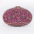 Detailed view of luxury oval clutch bag with purple rhinestones and gold metal frame - Purple Crown Peacock Feather Style (25)