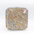 Detailed front view of a gold square clutch bag with AB crystal rhinestones and diamonds - Gold AB