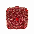 Detail of red rhinestone square clutch bag with golden vintage pattern and crystal clasp - Small Square Case / Red