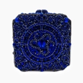 Detailed view of the square blue evening clutch with intricate rhinestones and gemstones - Small Square Case / Blue