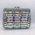 Detailed front view of rhinestone clutch purse with colorful crystals and metal clasp - Gold AB Color