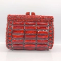 Detail of red rhinestone clutch purse with rectangle crystals and black metal frame - Red / Gunmetal Hardware