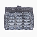 Detailed view of silver rhinestone clutch purse featuring large rectangular crystal grids - Gray