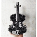 Detailed handheld view of a violin shaped evening clutch bag with black and white rhinestones - Black Silver