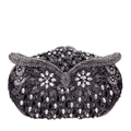 Close-up of sparkling owl clutch bag with detailed black and grey rhinestone crystals - Grey Black Silver