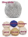 Macro detail of heart-shaped clutch bag showcasing various rhinestone color options - Gold AB