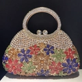 Luxury rhinestone evening clutch with colorful floral pattern and golden ring handle - Gold Red Multi