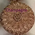 Close-up of a champagne crystal evening clutch bag with sparkling rhinestone surface - Champagne