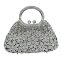 Elegant silver evening clutch bag featuring floral rhinestone patterns and round handle - Silver