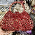 Elegant red crystal dinner clutch bag with 3D floral pattern and metal ring handle - Red
