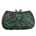 Elegant green clutch bag with rhinestone bow design and metal ring clasp detail - Green