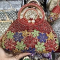 Red evening bag with colorful rhinestone flower patterns and large pearl clasp - Mixed Red